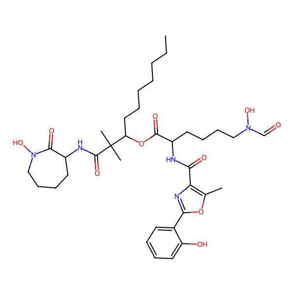 2D Structure of [(3R)-1-[[(3S)-1-hydroxy-2-oxoazepan-3-yl]amino]-2,2-dimethyl-1-oxodecan-3-yl] (2R)-6-[formyl(hydroxy)amino]-2-[[2-(2-hydroxyphenyl)-5-methyl-1,3-oxazole-4-carbonyl]amino]hexanoate