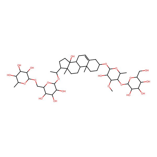 2D Structure of (2S,3R,4R,5R,6R)-2-methyl-6-[[(2R,3R,4S,5R,6R)-3,4,5-trihydroxy-6-[(1R)-1-[(3S,8R,9S,10R,13R,14S,17S)-14-hydroxy-3-[(2R,3R,4R,5S,6R)-3-hydroxy-4-methoxy-6-methyl-5-[(2S,3R,4S,5R,6R)-3,4,5-trihydroxy-6-(hydroxymethyl)oxan-2-yl]oxyoxan-2-yl]oxy-10,13-dimethyl-1,2,3,4,7,8,9,11,12,15,16,17-dodecahydrocyclopenta[a]phenanthren-17-yl]ethoxy]oxan-2-yl]methoxy]oxane-3,4,5-triol