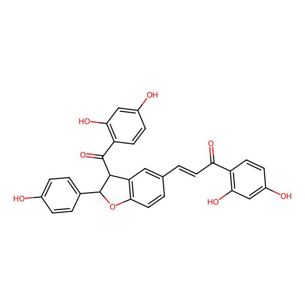 2D Structure of (E)-3-[(2S,3S)-3-(2,4-dihydroxybenzoyl)-2-(4-hydroxyphenyl)-2,3-dihydro-1-benzofuran-5-yl]-1-(2,4-dihydroxyphenyl)prop-2-en-1-one