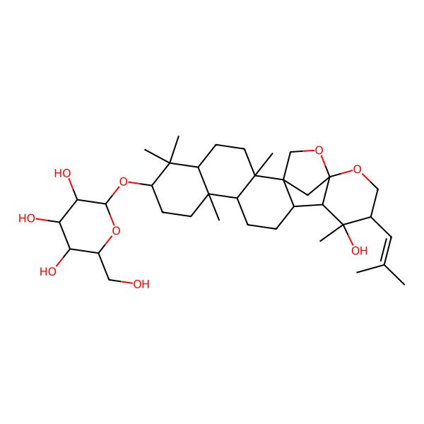 2D Structure of 2-(Hydroxymethyl)-6-[[16-hydroxy-2,6,6,10,16-pentamethyl-17-(2-methylprop-1-enyl)-19,21-dioxahexacyclo[18.2.1.01,14.02,11.05,10.015,20]tricosan-7-yl]oxy]oxane-3,4,5-triol
