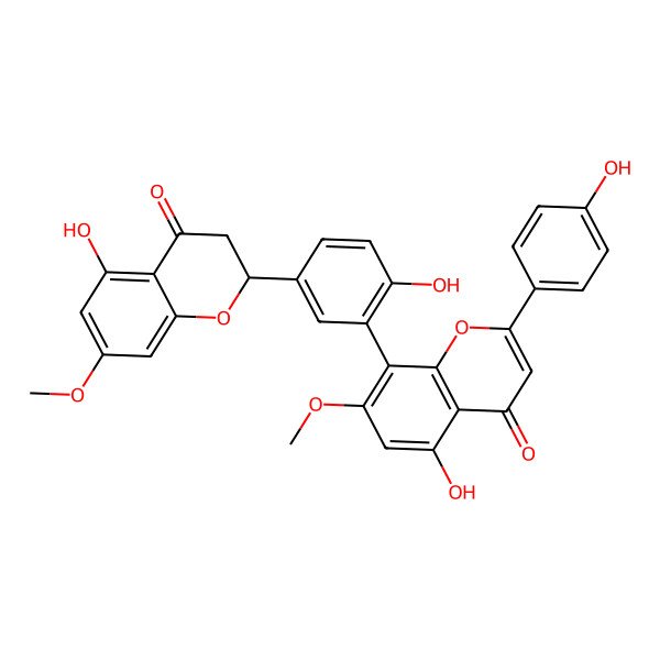 2D Structure of 5-Hydroxy-8-[2-hydroxy-5-(5-hydroxy-7-methoxy-4-oxo-2,3-dihydrochromen-2-yl)phenyl]-2-(4-hydroxyphenyl)-7-methoxychromen-4-one