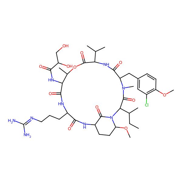 2D Structure of N-[2-butan-2-yl-5-[(3-chloro-4-methoxyphenyl)methyl]-15-[3-(diaminomethylideneamino)propyl]-21-methoxy-4,11-dimethyl-3,6,9,13,16,22-hexaoxo-8-propan-2-yl-10-oxa-1,4,7,14,17-pentazabicyclo[16.3.1]docosan-12-yl]-2,3-dihydroxypropanamide
