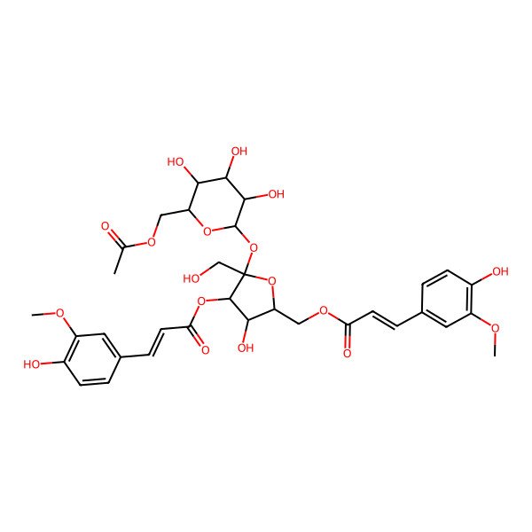 2D Structure of [(2R,3R,4S,5S)-5-[(2R,3R,4S,5R,6R)-6-(acetyloxymethyl)-3,4,5-trihydroxyoxan-2-yl]oxy-3-hydroxy-4-[(E)-3-(4-hydroxy-3-methoxyphenyl)prop-2-enoyl]oxy-5-(hydroxymethyl)oxolan-2-yl]methyl (E)-3-(4-hydroxy-3-methoxyphenyl)prop-2-enoate