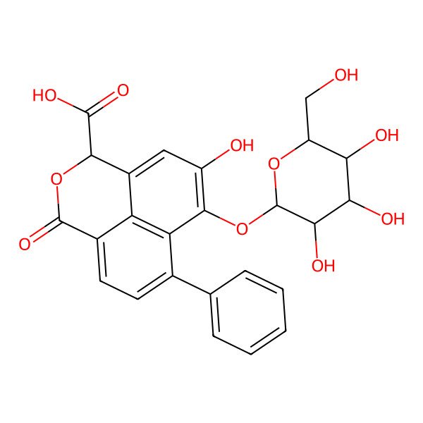 2D Structure of 11-Hydroxy-4-oxo-8-phenyl-10-[3,4,5-trihydroxy-6-(hydroxymethyl)oxan-2-yl]oxy-3-oxatricyclo[7.3.1.05,13]trideca-1(12),5(13),6,8,10-pentaene-2-carboxylic acid