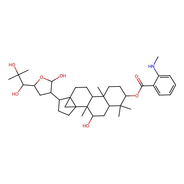2D Structure of [15-[5-(1,2-Dihydroxy-2-methylpropyl)-2-hydroxyoxolan-3-yl]-3-hydroxy-2,6,6,10-tetramethyl-7-pentacyclo[12.3.1.01,14.02,11.05,10]octadecanyl] 2-(methylamino)benzoate