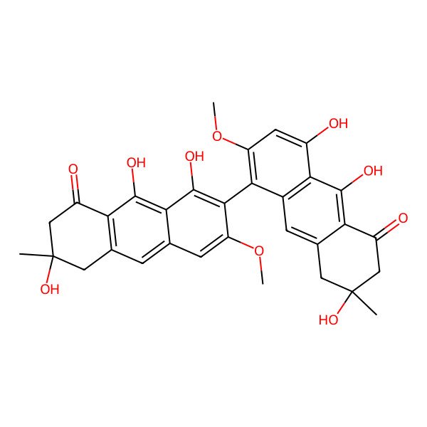 2D Structure of (3S)-3,8,9-trihydroxy-6-methoxy-3-methyl-5-[(6S)-1,6,9-trihydroxy-3-methoxy-6-methyl-8-oxo-5,7-dihydroanthracen-2-yl]-2,4-dihydroanthracen-1-one