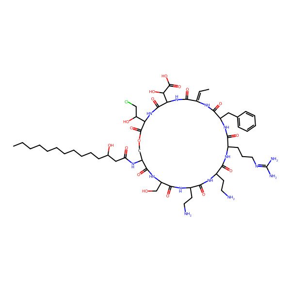 2D Structure of (2S)-2-[(3S,6S,9Z,12S,15S,18R,21S,24R,27S)-18,21-bis(2-aminoethyl)-12-benzyl-3-[(1S)-2-chloro-1-hydroxyethyl]-15-[3-(diaminomethylideneamino)propyl]-9-ethylidene-24-(hydroxymethyl)-27-[[(3R)-3-hydroxytetradecanoyl]amino]-2,5,8,11,14,17,20,23,26-nonaoxo-1-oxa-4,7,10,13,16,19,22,25-octazacyclooctacos-6-yl]-2-hydroxyacetic acid