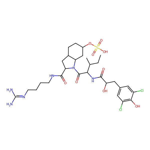 2D Structure of [2-[4-(Diaminomethylideneamino)butylcarbamoyl]-1-[2-[[3-(3,5-dichloro-4-hydroxyphenyl)-2-hydroxypropanoyl]amino]-3-methylpentanoyl]-2,3,3a,4,5,6,7,7a-octahydroindol-6-yl] hydrogen sulfate