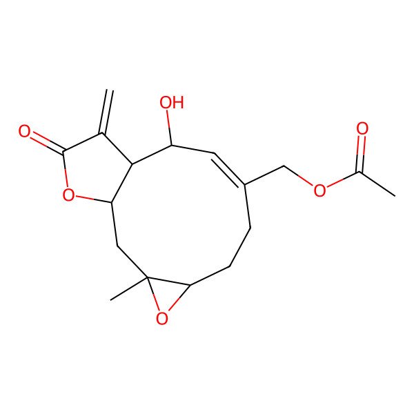 2D Structure of (10-Hydroxy-3-methyl-12-methylidene-13-oxo-4,14-dioxatricyclo[9.3.0.03,5]tetradec-8-en-8-yl)methyl acetate