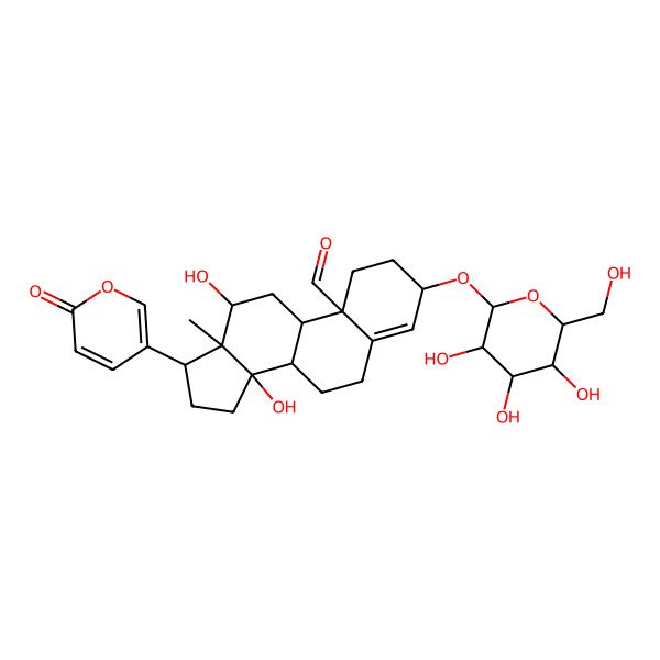 2D Structure of 12,14-Dihydroxy-13-methyl-17-(6-oxopyran-3-yl)-3-[3,4,5-trihydroxy-6-(hydroxymethyl)oxan-2-yl]oxy-1,2,3,6,7,8,9,11,12,15,16,17-dodecahydrocyclopenta[a]phenanthrene-10-carbaldehyde