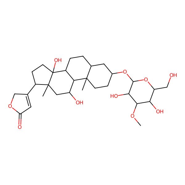 2D Structure of 3-[(3S,5R,8R,9S,10S,11R,13R,14S,17R)-3-[(2R,3R,4S,5R,6R)-3,5-dihydroxy-6-(hydroxymethyl)-4-methoxyoxan-2-yl]oxy-11,14-dihydroxy-10,13-dimethyl-1,2,3,4,5,6,7,8,9,11,12,15,16,17-tetradecahydrocyclopenta[a]phenanthren-17-yl]-2H-furan-5-one