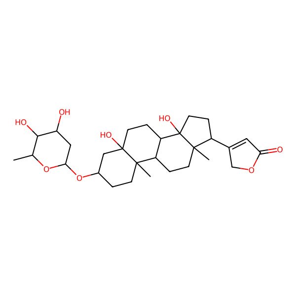 2D Structure of 3-[(3S,5S,8R,9S,10R,13R,14S,17R)-3-[(2R,4S,5S,6R)-4,5-dihydroxy-6-methyloxan-2-yl]oxy-5,14-dihydroxy-10,13-dimethyl-2,3,4,6,7,8,9,11,12,15,16,17-dodecahydro-1H-cyclopenta[a]phenanthren-17-yl]-2H-furan-5-one