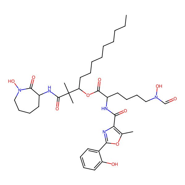 2D Structure of [(3S)-1-[[(3R)-1-hydroxy-2-oxoazepan-3-yl]amino]-2,2-dimethyl-1-oxododecan-3-yl] (2R)-6-[formyl(hydroxy)amino]-2-[[2-(2-hydroxyphenyl)-5-methyl-1,3-oxazole-4-carbonyl]amino]hexanoate