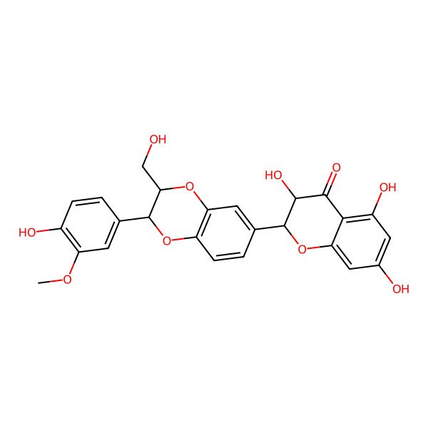 2D Structure of (2R,3S)-3,5,7-trihydroxy-2-[(2R,3R)-2-(4-hydroxy-3-methoxyphenyl)-3-(hydroxymethyl)-2,3-dihydro-1,4-benzodioxin-6-yl]-2,3-dihydrochromen-4-one