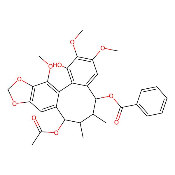 2D Structure of (11-Acetyloxy-3-hydroxy-4,5,19-trimethoxy-9,10-dimethyl-15,17-dioxatetracyclo[10.7.0.02,7.014,18]nonadeca-1(19),2,4,6,12,14(18)-hexaen-8-yl) benzoate