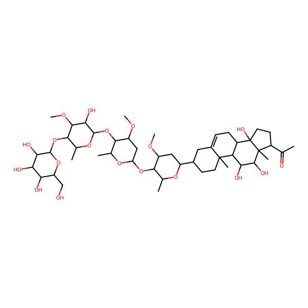 2D Structure of 1-[(3S,8R,9S,10R,11S,13S,14S,17S)-11,12,14-trihydroxy-3-[(2R,4S,5R,6R)-5-[(2S,4S,5R,6R)-5-[(2S,3R,4S,5R,6R)-3-hydroxy-4-methoxy-6-methyl-5-[(2S,3R,4S,5S,6R)-3,4,5-trihydroxy-6-(hydroxymethyl)oxan-2-yl]oxyoxan-2-yl]oxy-4-methoxy-6-methyloxan-2-yl]oxy-4-methoxy-6-methyloxan-2-yl]-10,13-dimethyl-1,2,3,4,7,8,9,11,12,15,16,17-dodecahydrocyclopenta[a]phenanthren-17-yl]ethanone