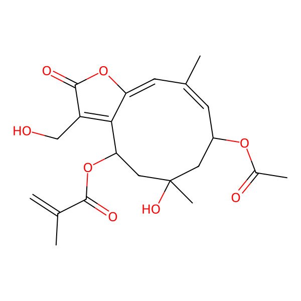 2D Structure of [(4R,6S,8S,9E,11E)-8-acetyloxy-6-hydroxy-3-(hydroxymethyl)-6,10-dimethyl-2-oxo-4,5,7,8-tetrahydrocyclodeca[b]furan-4-yl] 2-methylprop-2-enoate