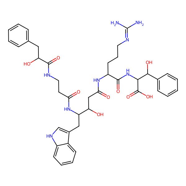 2D Structure of 2-[[5-(diaminomethylideneamino)-2-[[3-hydroxy-4-[3-[(2-hydroxy-3-phenylpropanoyl)amino]propanoylamino]-5-(1H-indol-3-yl)pentanoyl]amino]pentanoyl]amino]-3-hydroxy-3-phenylpropanoic acid