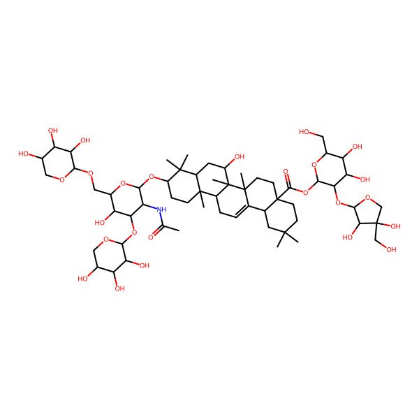 2D Structure of [(2S,3R,4S,5S,6R)-3-[(2S,3R,4R)-3,4-dihydroxy-4-(hydroxymethyl)oxolan-2-yl]oxy-4,5-dihydroxy-6-(hydroxymethyl)oxan-2-yl] (4aS,6aR,6aR,6bR,7R,8aR,10S,12aS,14bS)-10-[(2R,3R,4R,5S,6R)-3-acetamido-5-hydroxy-4-[(2S,3R,4S,5R)-3,4,5-trihydroxyoxan-2-yl]oxy-6-[[(2S,3R,4S,5S)-3,4,5-trihydroxyoxan-2-yl]oxymethyl]oxan-2-yl]oxy-7-hydroxy-2,2,6a,6b,9,9,12a-heptamethyl-1,3,4,5,6,6a,7,8,8a,10,11,12,13,14b-tetradecahydropicene-4a-carboxylate
