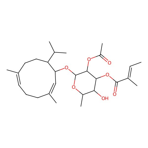 2D Structure of [3-Acetyloxy-2-(3,7-dimethyl-10-propan-2-ylcyclodeca-2,6-dien-1-yl)oxy-5-hydroxy-6-methyloxan-4-yl] 2-methylbut-2-enoate