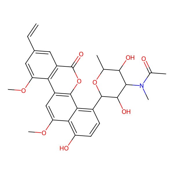 2D Structure of N-[(2S,3R,4S,5R,6S)-2-(8-ethenyl-1-hydroxy-10,12-dimethoxy-6-oxonaphtho[1,2-c]isochromen-4-yl)-3,5-dihydroxy-6-methyloxan-4-yl]-N-methylacetamide