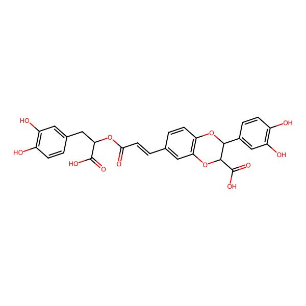 2D Structure of (2R,3R)-6-[(E)-3-[(1S)-1-carboxy-2-(3,4-dihydroxyphenyl)ethoxy]-3-oxoprop-1-enyl]-2-(3,4-dihydroxyphenyl)-2,3-dihydro-1,4-benzodioxine-3-carboxylic acid