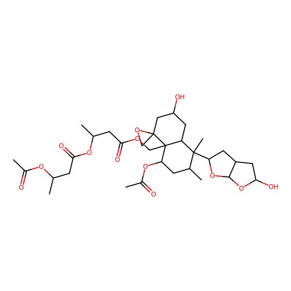 2D Structure of [4-[[5-acetyloxy-2-hydroxy-8-(5-hydroxy-2,3,3a,4,5,6a-hexahydrofuro[2,3-b]furan-2-yl)-7,8-dimethylspiro[2,3,5,6,7,8a-hexahydro-1H-naphthalene-4,2'-oxirane]-4a-yl]methoxy]-4-oxobutan-2-yl] 3-acetyloxybutanoate