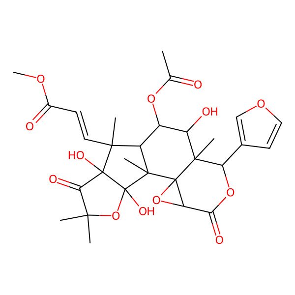 2D Structure of methyl (Z)-3-[(1R,2R,4S,7S,8S,9S,10R,11R,12S,13R,17S)-10-acetyloxy-7-(furan-3-yl)-9,13,17-trihydroxy-1,8,12,15,15-pentamethyl-5,14-dioxo-3,6,16-trioxapentacyclo[9.6.0.02,4.02,8.013,17]heptadecan-12-yl]prop-2-enoate