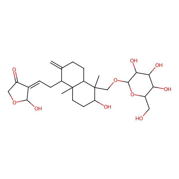 2D Structure of 5-hydroxy-4-[2-[6-hydroxy-5,8a-dimethyl-2-methylidene-5-[[3,4,5-trihydroxy-6-(hydroxymethyl)oxan-2-yl]oxymethyl]-3,4,4a,6,7,8-hexahydro-1H-naphthalen-1-yl]ethylidene]oxolan-3-one