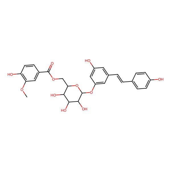 2D Structure of [(2R,3S,4S,5R,6S)-3,4,5-trihydroxy-6-[3-hydroxy-5-[2-(4-hydroxyphenyl)ethenyl]phenoxy]oxan-2-yl]methyl 4-hydroxy-3-methoxybenzoate