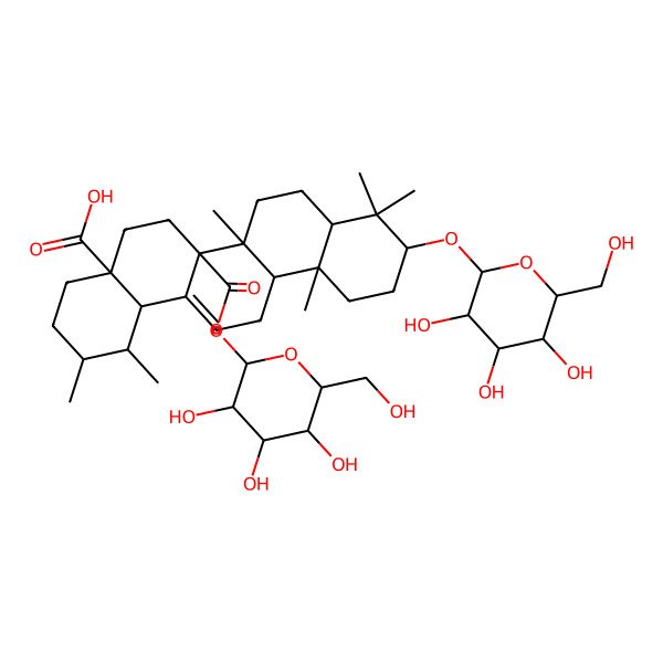 2D Structure of 1,2,6b,9,9,12a-hexamethyl-10-[3,4,5-trihydroxy-6-(hydroxymethyl)oxan-2-yl]oxy-6a-[3,4,5-trihydroxy-6-(hydroxymethyl)oxan-2-yl]oxycarbonyl-2,3,4,5,6,6a,7,8,8a,10,11,12,13,14b-tetradecahydro-1H-picene-4a-carboxylic acid