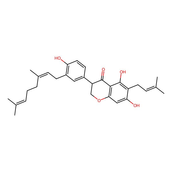 2D Structure of (3R)-3-[3-[(2E)-3,7-dimethylocta-2,6-dienyl]-4-hydroxyphenyl]-5,7-dihydroxy-6-(3-methylbut-2-enyl)-2,3-dihydrochromen-4-one