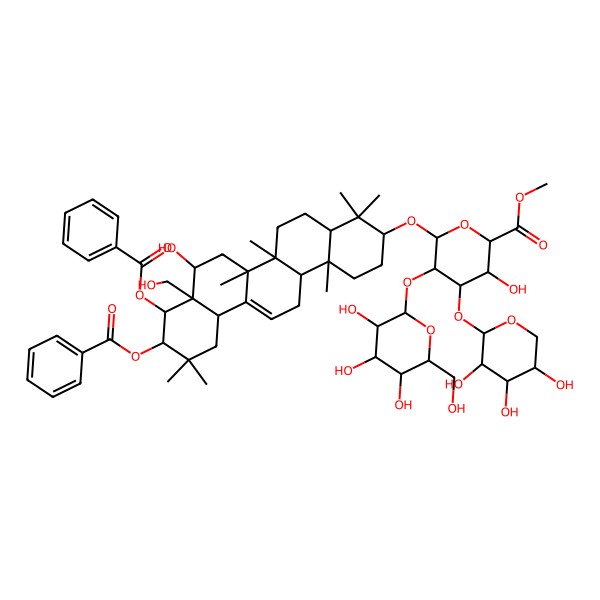 2D Structure of methyl (2S,3S,4S,5R,6R)-6-[[(3S,4aR,6aR,6bS,8R,8aR,9R,10R,12aS,14aR,14bR)-9,10-dibenzoyloxy-8-hydroxy-8a-(hydroxymethyl)-4,4,6a,6b,11,11,14b-heptamethyl-1,2,3,4a,5,6,7,8,9,10,12,12a,14,14a-tetradecahydropicen-3-yl]oxy]-3-hydroxy-5-[(2S,3R,4S,5R,6R)-3,4,5-trihydroxy-6-(hydroxymethyl)oxan-2-yl]oxy-4-[(2S,3R,4S,5R)-3,4,5-trihydroxyoxan-2-yl]oxyoxane-2-carboxylate