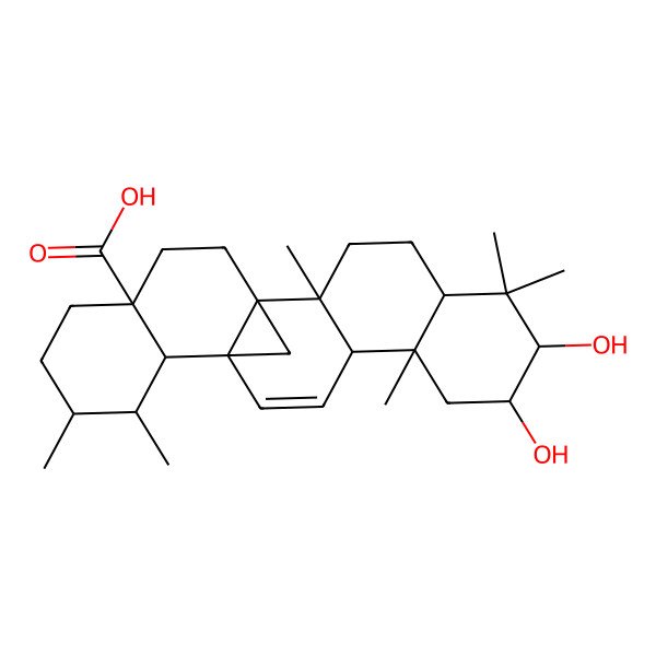 2D Structure of 7,8-Dihydroxy-2,6,6,10,16,17-hexamethylhexacyclo[12.8.1.01,14.02,11.05,10.015,20]tricos-12-ene-20-carboxylic acid