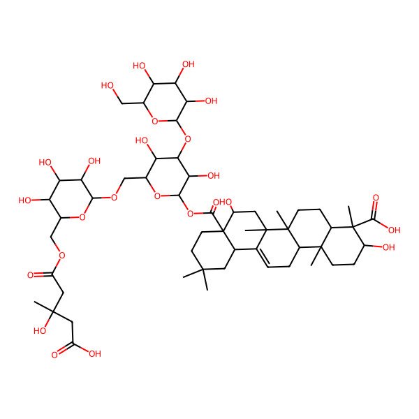 2D Structure of (3S,4S,4aR,6aR,6bS,8R,8aR,12aS,14aR,14bR)-8a-[(2S,3R,4S,5R,6R)-6-[[(2R,3R,4S,5S,6R)-6-[[(3R)-4-carboxy-3-hydroxy-3-methylbutanoyl]oxymethyl]-3,4,5-trihydroxyoxan-2-yl]oxymethyl]-3,5-dihydroxy-4-[(2R,3R,4S,5S,6R)-3,4,5-trihydroxy-6-(hydroxymethyl)oxan-2-yl]oxyoxan-2-yl]oxycarbonyl-3,8-dihydroxy-4,6a,6b,11,11,14b-hexamethyl-1,2,3,4a,5,6,7,8,9,10,12,12a,14,14a-tetradecahydropicene-4-carboxylic acid