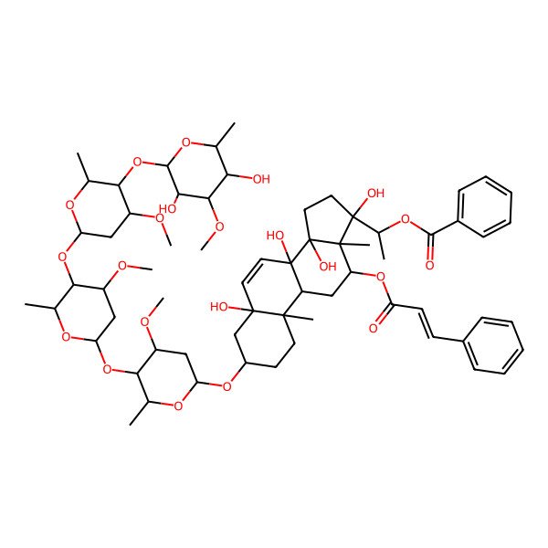 2D Structure of 1-[3-[5-[5-[5-(3,5-dihydroxy-4-methoxy-6-methyloxan-2-yl)oxy-4-methoxy-6-methyloxan-2-yl]oxy-4-methoxy-6-methyloxan-2-yl]oxy-4-methoxy-6-methyloxan-2-yl]oxy-5,8,14,17-tetrahydroxy-10,13-dimethyl-12-(3-phenylprop-2-enoyloxy)-2,3,4,9,11,12,15,16-octahydro-1H-cyclopenta[a]phenanthren-17-yl]ethyl benzoate