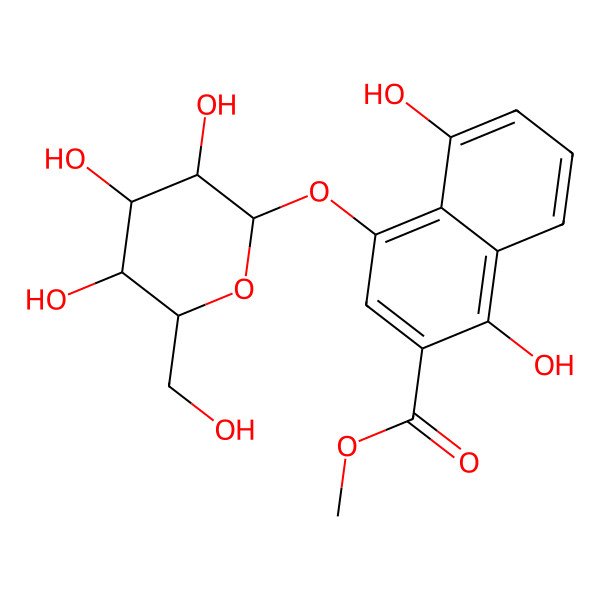 2D Structure of methyl 1,5-dihydroxy-4-[(2S,3R,4S,5S,6R)-3,4,5-trihydroxy-6-(hydroxymethyl)oxan-2-yl]oxynaphthalene-2-carboxylate