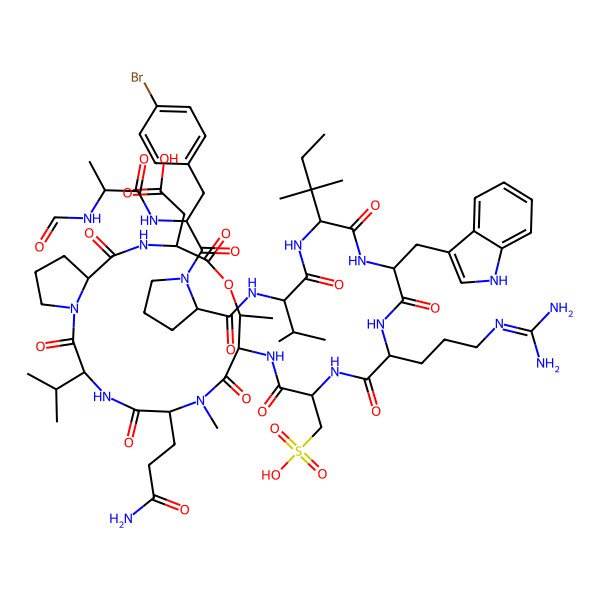 2D Structure of 2-[6-(3-amino-3-oxopropyl)-9-[[2-[[2-[[2-[[2-[[2-[[1-[3-(4-bromophenyl)-2-(2-formamidopropanoylamino)propanoyl]pyrrolidine-2-carbonyl]amino]-3-methylbutanoyl]amino]-3,3-dimethylpentanoyl]amino]-3-(1H-indol-3-yl)propanoyl]amino]-5-(diaminomethylideneamino)pentanoyl]amino]-3-sulfopropanoyl]amino]-7,10-dimethyl-2,5,8,12,15-pentaoxo-3-propan-2-yl-11-oxa-1,4,7,14-tetrazabicyclo[14.3.0]nonadecan-13-yl]acetic acid