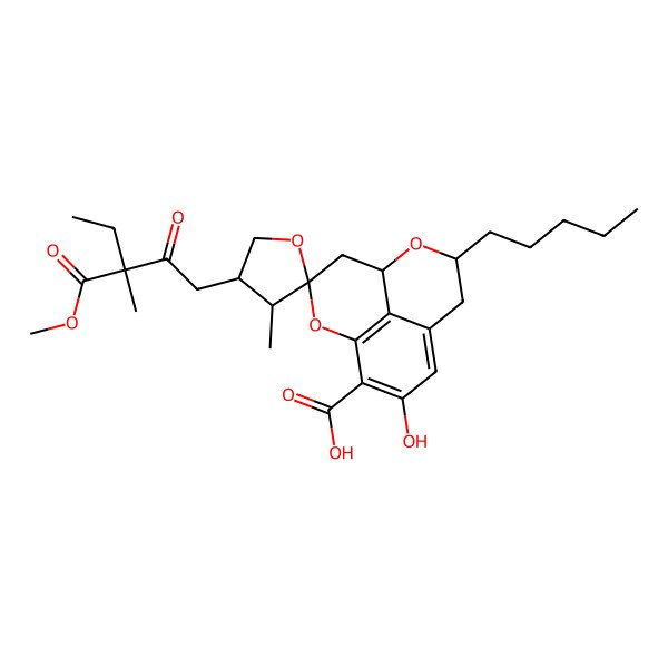 2D Structure of (3S,3'R,4'R,7R)-11-hydroxy-4'-(3-methoxycarbonyl-3-methyl-2-oxopentyl)-3'-methyl-7-pentylspiro[2,6-dioxatricyclo[7.3.1.05,13]trideca-1(13),9,11-triene-3,2'-oxolane]-12-carboxylic acid