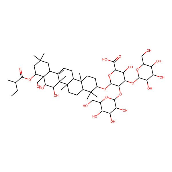 2D Structure of (2S,3S,4S,5R,6R)-6-[[(3S,4aR,6aR,6bS,7R,8S,8aR,9S,12aS,14aR,14bR)-7,8-dihydroxy-8a-(hydroxymethyl)-4,4,6a,6b,11,11,14b-heptamethyl-9-[(2R)-2-methylbutanoyl]oxy-1,2,3,4a,5,6,7,8,9,10,12,12a,14,14a-tetradecahydropicen-3-yl]oxy]-3-hydroxy-4-[(2S,3R,4S,5R,6R)-3,4,5-trihydroxy-6-(hydroxymethyl)oxan-2-yl]oxy-5-[(2S,3R,4S,5S,6R)-3,4,5-trihydroxy-6-(hydroxymethyl)oxan-2-yl]oxyoxane-2-carboxylic acid