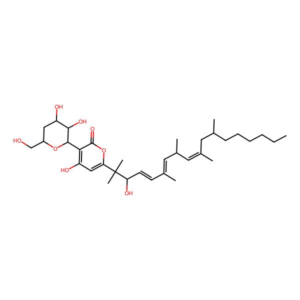 2D Structure of 3-[(2R,3S,4R,6R)-3,4-dihydroxy-6-(hydroxymethyl)oxan-2-yl]-4-hydroxy-6-[(4E,6E,9Z)-3-hydroxy-2,6,8,10,12-pentamethyloctadeca-4,6,9-trien-2-yl]pyran-2-one