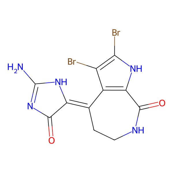 2D Structure of (4E)-4-(2-amino-4-oxo-1H-imidazol-5-ylidene)-2,3-dibromo-1,5,6,7-tetrahydropyrrolo[2,3-c]azepin-8-one