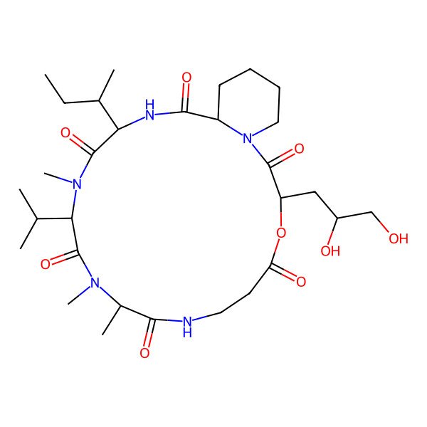 2D Structure of 16-Butan-2-yl-3-(2,3-dihydroxypropyl)-10,11,14-trimethyl-13-propan-2-yl-4-oxa-1,8,11,14,17-pentazabicyclo[17.4.0]tricosane-2,5,9,12,15,18-hexone