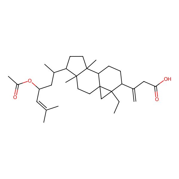 2D Structure of 3-[(1S,4R,5R,8S,9S,12S,13R)-5-[(2R)-4-acetyloxy-6-methylhept-5-en-2-yl]-13-ethyl-4,8-dimethyl-12-tetracyclo[7.5.0.01,13.04,8]tetradecanyl]but-3-enoic acid