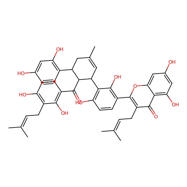 2D Structure of 2-[3-[6-[2,4-Dihydroxy-3-(3-methylbut-2-enyl)benzoyl]-5-(2,4-dihydroxyphenyl)-3-methylcyclohex-2-en-1-yl]-2,4-dihydroxyphenyl]-5,7-dihydroxy-3-(3-methylbut-2-enyl)chromen-4-one