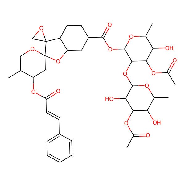 2D Structure of 3-O-Acetyl-2-O-(3-O-acetyl-6-deoxyhexopyranosyl)-6-deoxy-1-O-{5-methyl-4-[(3-phenylprop-2-enoyl)oxy]hexahydrodispiro[oxane-2,2'-[1]benzofuran-3',2''-oxirane]-6'-carbonyl}hexopyranose