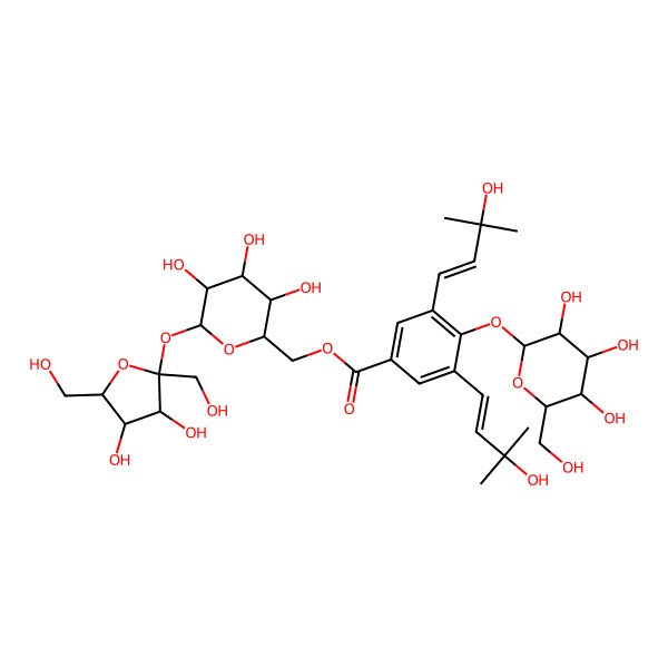2D Structure of [6-[3,4-Dihydroxy-2,5-bis(hydroxymethyl)oxolan-2-yl]oxy-3,4,5-trihydroxyoxan-2-yl]methyl 3,5-bis(3-hydroxy-3-methylbut-1-enyl)-4-[3,4,5-trihydroxy-6-(hydroxymethyl)oxan-2-yl]oxybenzoate