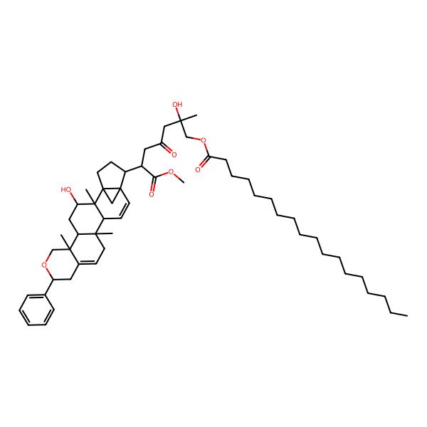 2D Structure of [2-hydroxy-6-[(1S,2R,3R,5R,6R,9S,14S,15R,18S)-3-hydroxy-2,6,14-trimethyl-9-phenyl-8-oxahexacyclo[16.3.1.01,18.02,15.05,14.06,11]docosa-11,16-dien-19-yl]-7-methoxy-2-methyl-4,7-dioxoheptyl] octadecanoate