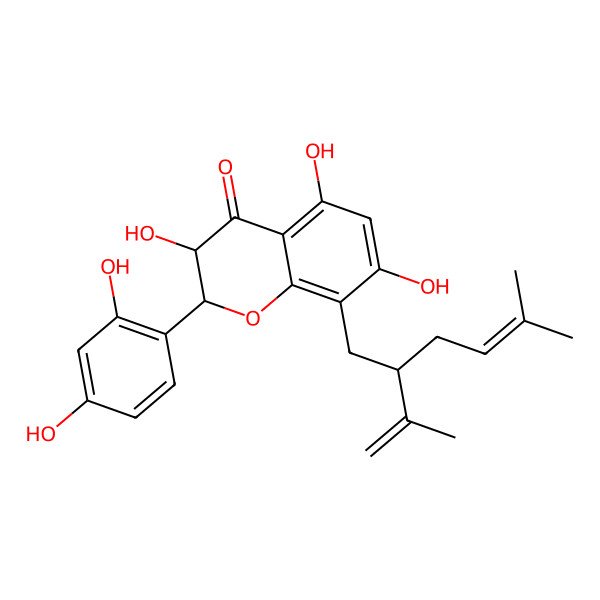 2D Structure of (2R,3R)-2-(2,4-dihydroxyphenyl)-3,5,7-trihydroxy-8-[(2S)-5-methyl-2-prop-1-en-2-ylhex-4-enyl]-2,3-dihydrochromen-4-one