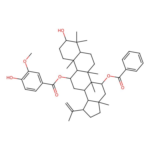 2D Structure of (5-Benzoyloxy-9-hydroxy-3a,5a,5b,8,8,11a-hexamethyl-1-prop-1-en-2-yl-1,2,3,4,5,6,7,7a,9,10,11,11b,12,13,13a,13b-hexadecahydrocyclopenta[a]chrysen-12-yl) 4-hydroxy-3-methoxybenzoate